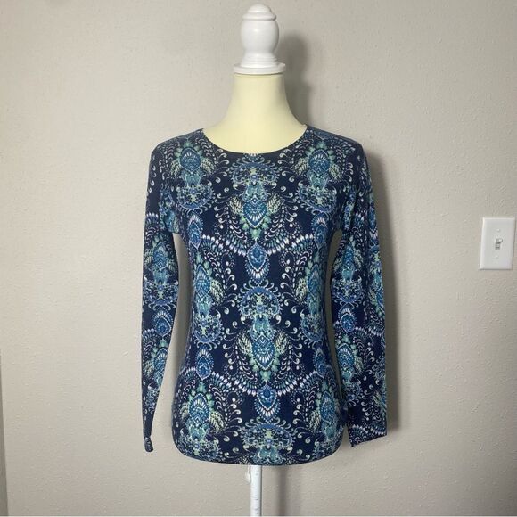 Garnet Hill 100% Merino Wool Blue Paisley Print Crewneck Sweater Women's Size S - Picture 10 of 15